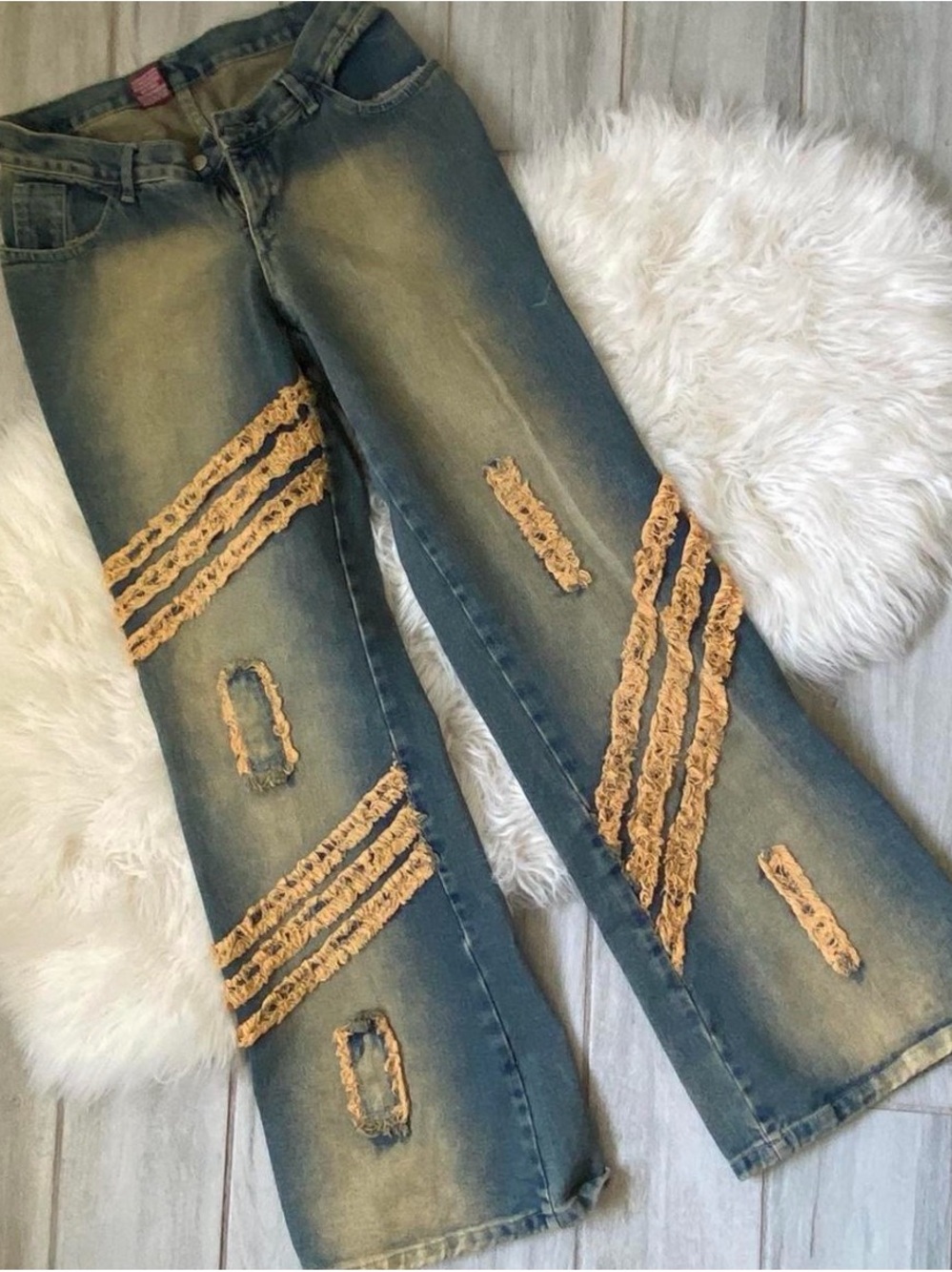 Distressed Blue Wide-Leg Flare Jeans with Tan Frayed Stripe Accents